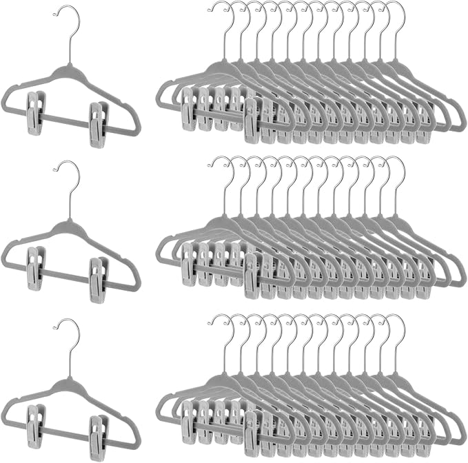 Soaoo 50 Pcs Baby Velvet Non-Slip Hangers with Clips,100 Clips for Pants & Skirts, Space-Saving Kids Children Clothes Hangers for Nursery Closet Organization(Grey)