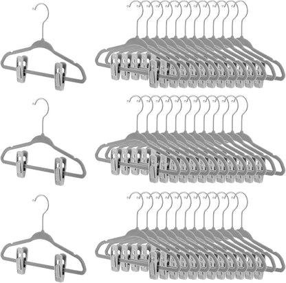 Soaoo 50 Pcs Baby Velvet Non-Slip Hangers with Clips,100 Clips for Pants & Skirts, Space-Saving Kids Children Clothes Hangers for Nursery Closet Organization(Grey)