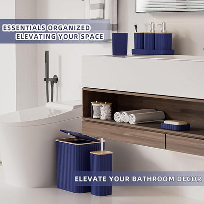 Bathroom Accessories Set - Elegant Blue Bathroom Set, 10PC Bathroom Accessory Set, Toilet Brush, Trash Can, Qtip Holder Dispenser & Soap Dispenser