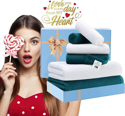 Towels for Bathroom - 100% Cotton | Quick Dry | Lightweight | Thick | Soft, 6 Piece Towel Set, 2 Large Bath 30"x56", 2 Hand 18"x28", 2 Wash Cloths 13"x13", Bathroom Decor Set, Deep Turquoise and White
