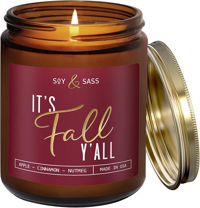 Fall Candles - 'It's Fall Yall' Candle w/Apple Cinnamon & Nutmeg I Infused with Essential Oils I Autumn Scented Candles I Cozy Cute Décor Gifts I 9oz Jar I 50Hr Burn I Made in USA