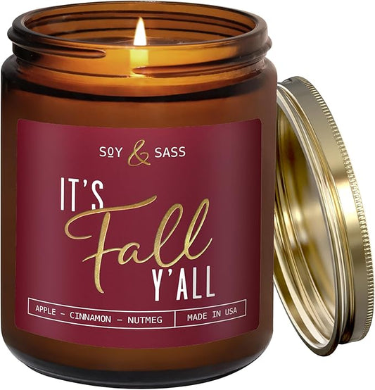 Fall Candles - 'It's Fall Yall' Candle w/Apple Cinnamon & Nutmeg I Infused with Essential Oils I Autumn Scented Candles I Cozy Cute Décor Gifts I 9oz Jar I 50Hr Burn I Made in USA