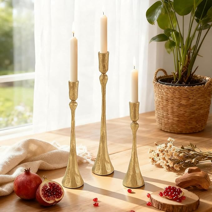 Vintage Gold Taper Candle Holders Set of 3 Cast Iron Antique Brass Decorative Candlestick Holder for Wedding Dining Table Party Rustic Home Decor