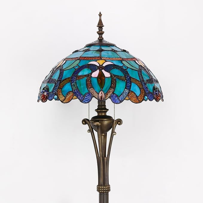 Tiffany Floor Lamp Blue Green Stained Glass Jewelry Baroque Standing Reading Light 16X16X70 Inches Antique Pole Corner Lamp Decor Bedroom Office Living Room