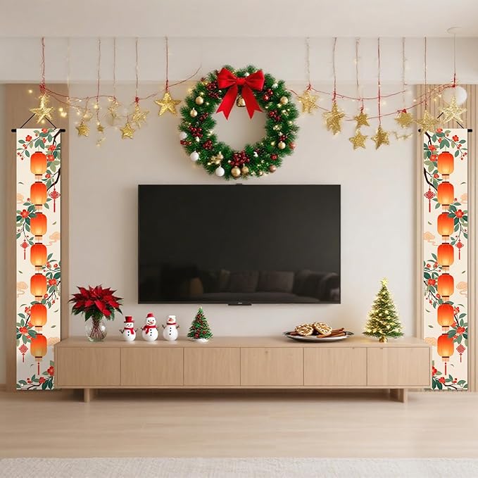 Nuxovilar Happy New Year Banner, 70.86" x 11.81" Orange Citrus Pattern Hanging Decorations for Outdoor Indoor Home Wall
