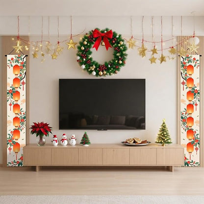 Nuxovilar Happy New Year Banner, 70.86" x 11.81" Orange Citrus Pattern Hanging Decorations for Outdoor Indoor Home Wall
