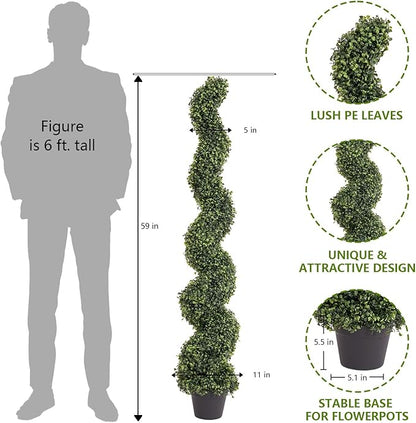 THE BLOOM TIMES 5ft Tall Spiral Topiary Trees Artificial Outdoor Set of 2, UV Resistant Large Faux Evergreen Fake Boxwood Plants for Front Porch Outside Planter Entryway Entrance Decor 5 Foot