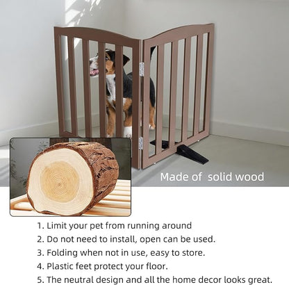 ZJSF Foldable Freestanding Indoor Dog Gate for House Wood Long Pet Gates Dog Fence for Stairs Puppy Gates for Hallways, Puppy Gate,Support Feet Included, Brown, 24 "Height-2 Panels