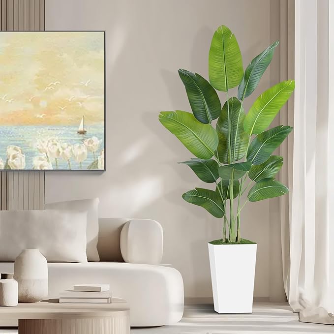 Lifelike Bird of Paradise Artificial Plant 7ft Faux Banana Leaf Tree with White Tall Planter for Home Decor - Perfect Indoor Silk Floor Plant for Living Room, Office, and Bedroom Ambiance Enhancement