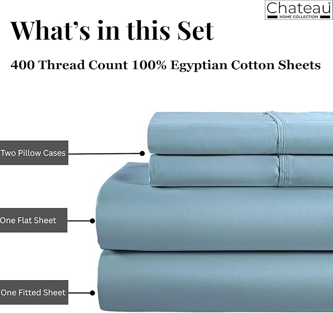 California King Sheets, 100% Egyptian Cotton 400 Thread Count Luxury Blue Bedding Sheets & Pillowcases Fits Upto 17", Soft & Breathable Naturally Cooling Hotel Sheet Set- French Blue