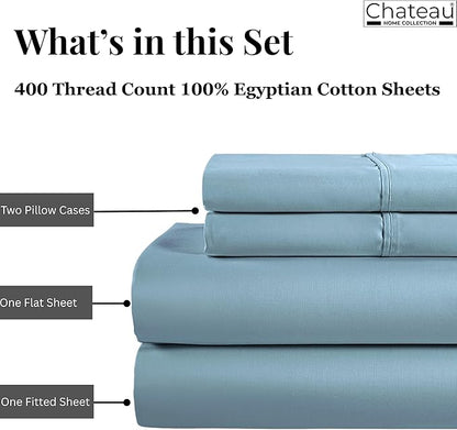 100% Cotton Sheets For King Size Bed, Certified 400 Tc Deep Pocket King Sheet Set, Elasticated Sheet & Pillowcase Sets, No Pill & Shrink, Soft & Comfy Naturally Cool & Breathable- French Blue