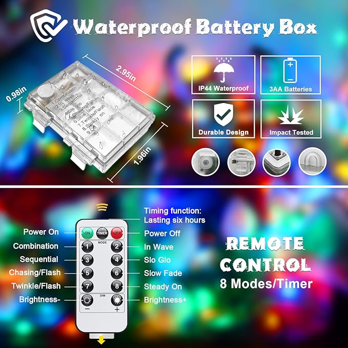 JMEXSUSS 2 Pack Multicolor Fairy Lights Battery Operated, Total 200 LED 66ft Indoor Christmas Twinkle Lights with Remote, 8 Modes Multicolor String Lights for Bedroom Wedding Birthday Party