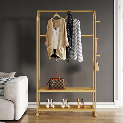 Gold clothing rack,Heavy duty clothes rack with shelves,Metal garment rack for hanging clothes,Wardrobe rack for Boutique, Retail or Home
