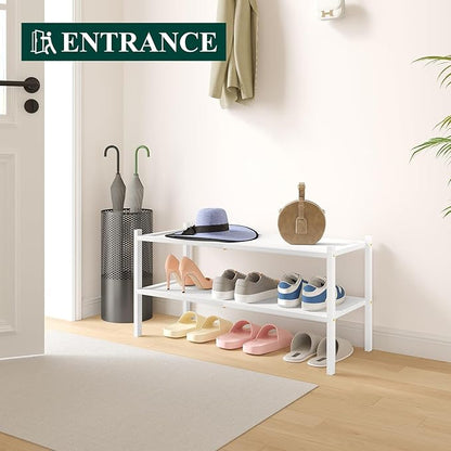 Smiry Bamboo Shoe Rack, 2 Tier Shoe Organizer for Entryway & Closet, Stackable Free Standing Storage Shelf for Shoes, Bags & Plants, White