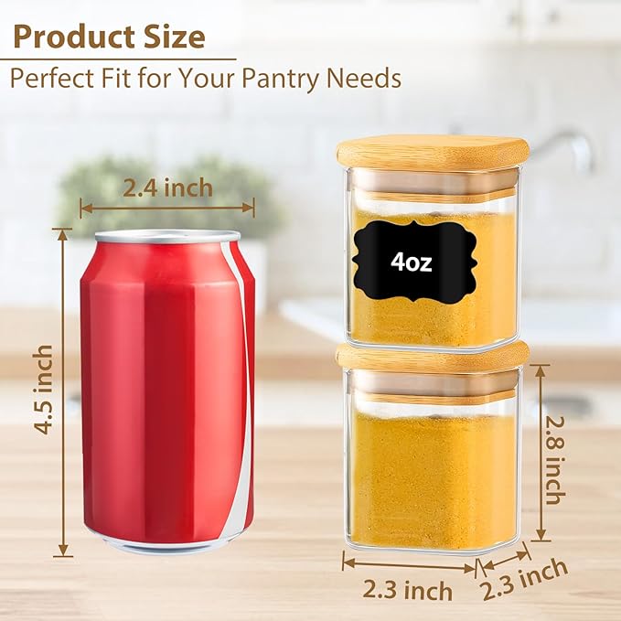 12 Pack 4 oz Square Glass Spice Jars with Lids and Labels – Airtight Small Spice Containers Set, Clear Glass Storage Jars for Seasoning, Spices, Kitchen Pantry Organization