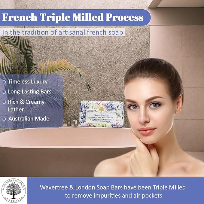 Wavertree & London Flower Market Scented Natural Soap (8 Bars), 7oz Moisturizing French Triple Milled Soap Bars enriched with shea butter - Pure Plant Oil Bath & Body Bars for All Skin Types