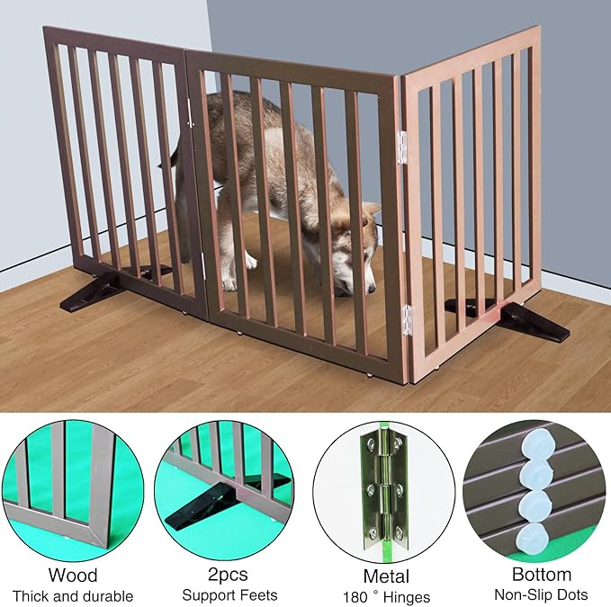 Dog Gate Indoor, Freestanding Dog Fence for The House, Doorways, Hallways,or Stairs,Pet Gate Foldable Wooden,Expandable 32" Height 3 Panels,Brown