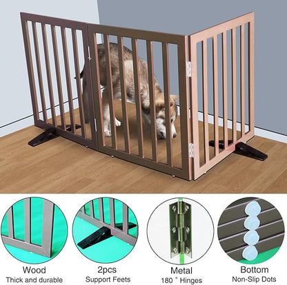 Dog Gate Indoor, Freestanding Dog Fence for The House, Doorways, Hallways,or Stairs,Pet Gate Foldable Wooden,Expandable 24" Height 3 Panels,Brown
