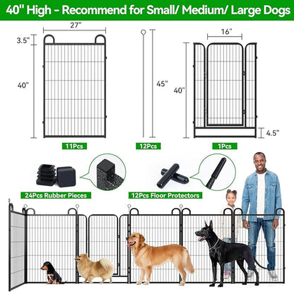 Dog Playpen Outdoor 12 Piece Panels Heavy Duty Dog Fence 40" Height Anti-Rust with Doors Portable for RV Camping Yard, Total 27FT, 58 Sq.ft, Snowy Black
