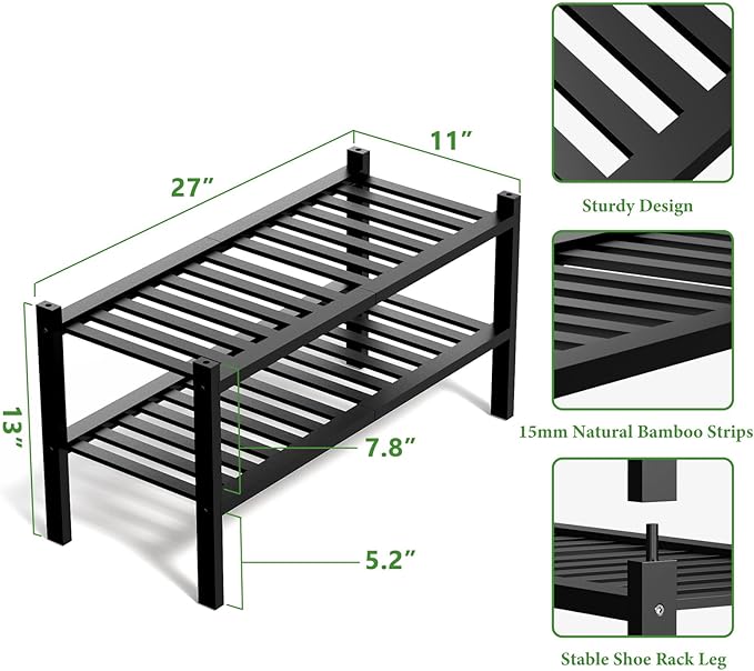 RONGJlA 2 Tier Bamboo Shoe Rack for Closet Free Standing Wood Shoe Shelf Storage Organizer for Entryway Small Space Stackable, Black
