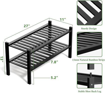 RONGJlA 2 Tier Bamboo Shoe Rack for Closet Free Standing Wood Shoe Shelf Storage Organizer for Entryway Small Space Stackable, Black