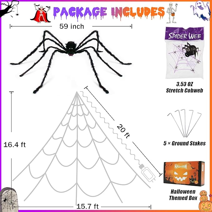 Spider Webs Halloween Decorations Outdoor 455 LED Halloween Spider Web Lights Decoration with 59" Large Spider & 3.53 oz Stretch Cobweb 11 Lighting Modes 16.4 Ft Light Up Giant Spider Web