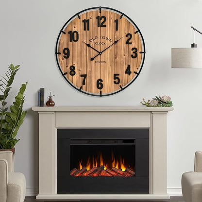 24 Inch Farmhouse Wall Clock Large Old Town Vintage Rustic Wooden Clock with Metal Rim and Large Numerals, Silent Battery-Operated for Office, Kitchen, Bedroom, and Living Room