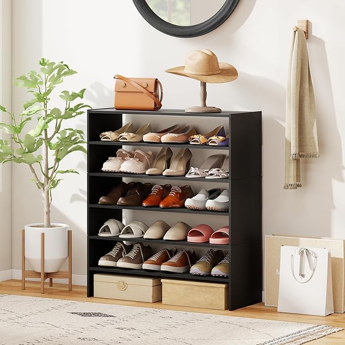 COSTWAY 6-Tier Shoe Rack, Extra Wide Shoe Shelf Organizer with Stackable Design, 31" Freestanding Adjustable Storage Shoe Stand for Small Space Entryway Hallway Closet (2,Black)