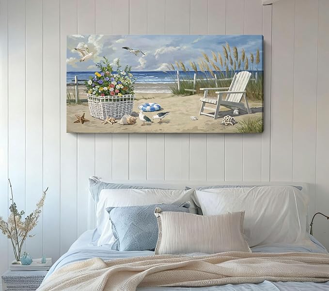 ARTZON Beach Scene Wall Art – Relaxing Large Blue Tropical Nature Sunshine Seascape Picture Modern Summer Coastal Canvas Print Decor for Living Room, Bedroom, 48x24 Inch