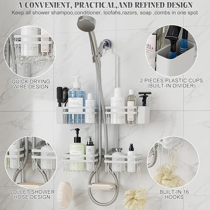 Shower Caddy Hanging for Bathroom Organizers and Storage - 3-Tier Adjustable Anti-Swing Shower Organizer for Handheld Showerhead with Heavy-Duty Suction Cups, Damage-Free Rustproof (White)