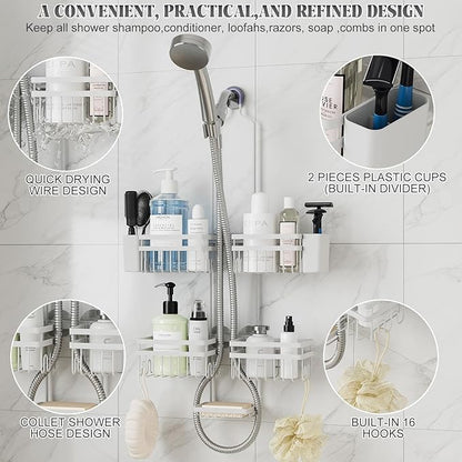 Shower Caddy Hanging for Bathroom Organizers and Storage - 3-Tier Adjustable Anti-Swing Shower Organizer for Handheld Showerhead with Heavy-Duty Suction Cups, Damage-Free Rustproof (White)