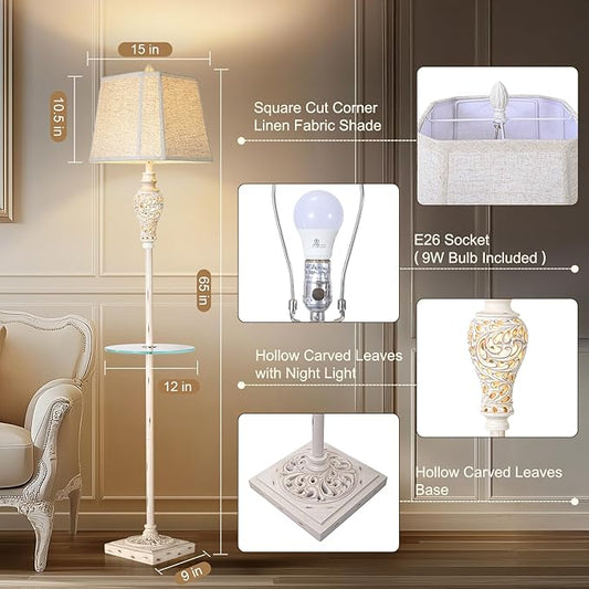 Vintage Floor Lamp with Nightlight and Glass Tray, Farmhouse Standing Lamp with White Washed Finish and Linen Shade, 65" Rustic Tall Lamp Decor for Living Room, Bedroom, Office, House (Bulb Included)