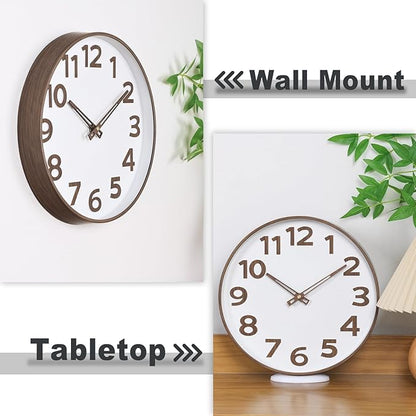 45MinST 12-Inch Modern Faux Wall Clock, Large Numbers, Silent Non-Ticking, Real Wood Hands, Accurate Timekeeping, Decorative Accent for Home or Office(Wood Color)
