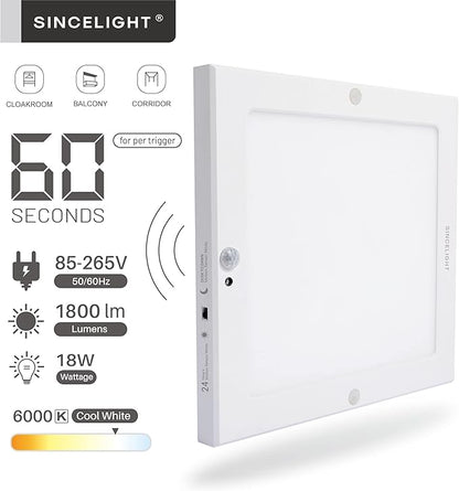 SINCELIGHT PIR Motion Sensor 18W LED Ceiling Light (Square), Automatically ON/Off, Movement Activated, Dual Mode Turnable, Cool White 6000K, Surface/Flush Mount for Hallway,Porch, Pack of 1