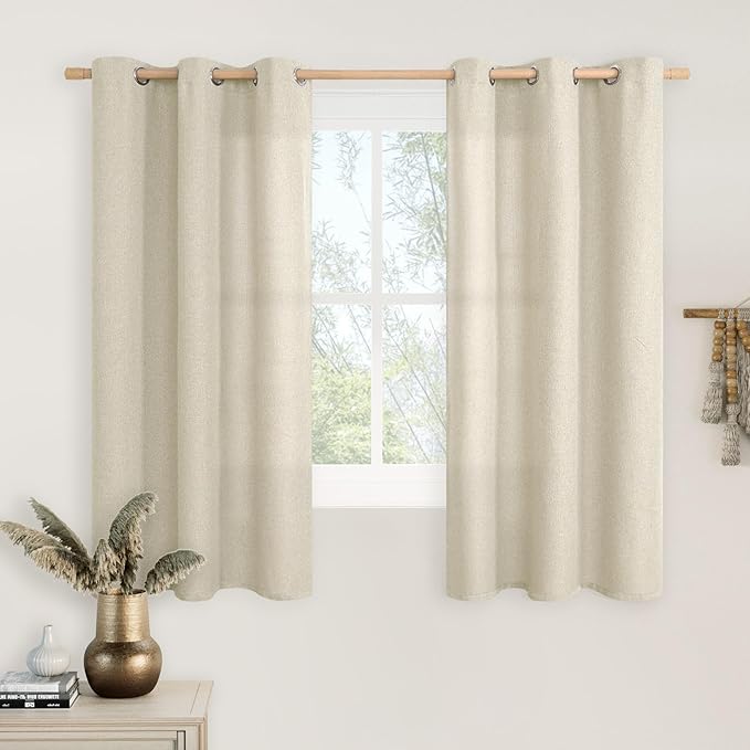 LAMIT Natural Linen Curtains for Bedroom 45 inch Length 2 Panels, Linen Textured Light Filtering Curtains Grommet Privacy Burlap Neutral Drapes for Living Room/Farmhouse, W42 x L45, Natural Beige