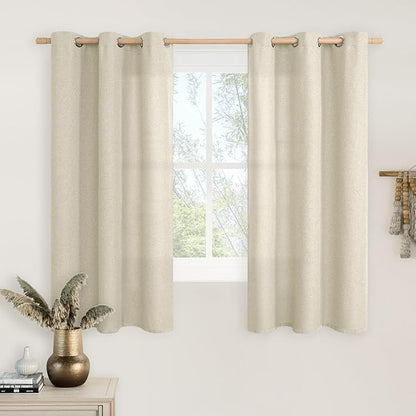 LAMIT Natural Linen Curtains for Bedroom 45 inch Length 2 Panels, Linen Textured Light Filtering Curtains Grommet Privacy Burlap Neutral Drapes for Living Room/Farmhouse, W42 x L45, Natural Beige