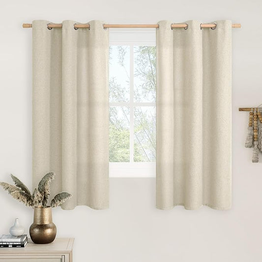 LAMIT Natural Linen Curtains for Bedroom 45 inch Length 2 Panels, Linen Textured Light Filtering Curtains Grommet Privacy Burlap Neutral Drapes for Living Room/Farmhouse, W42 x L45, Natural Beige