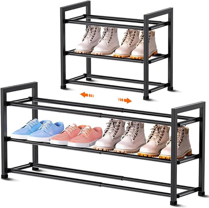 Bumusty 3-Tier Expandable Shoe Rack for Closet, 18“-33” Adjustable Shoe Rack for Small Space, Small Shoe Organizer for Front Door, Sturdy Metal, Black