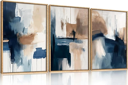 Large Abstract Brush Stroke Framed Canvas Wall Art,Modern Pastel Wall Decor,Neutral Navy Blue Art Prints, Minimalist Watercolor Brown Artwork for Living Room,Bedroom,Dining Room-24"x36"x3