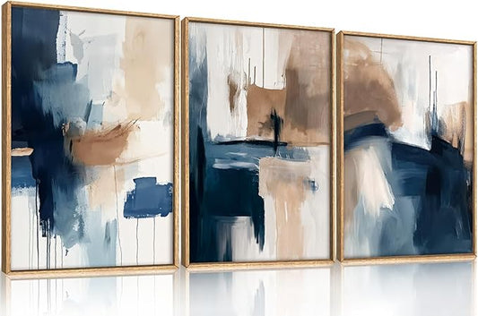 Large Abstract Brush Stroke Framed Canvas Wall Art,Modern Pastel Wall Decor,Neutral Navy Blue Art Prints, Minimalist Watercolor Brown Artwork for Living Room,Bedroom,Dining Room-24"x36"x3