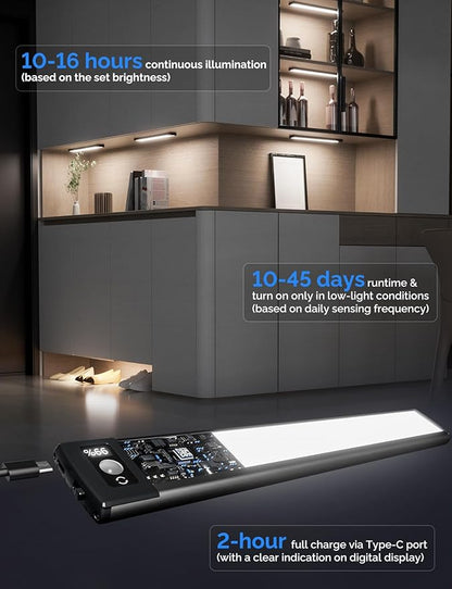 Under Cabinet Lighting with LED Numeric Display,3 Color Temps&Dimmable Lights, Under Counter Lights for Kitchen,Wireless Motion Sensor Light Indoor, Stick-On Magnetic Closet Light(Black-2 Pack)