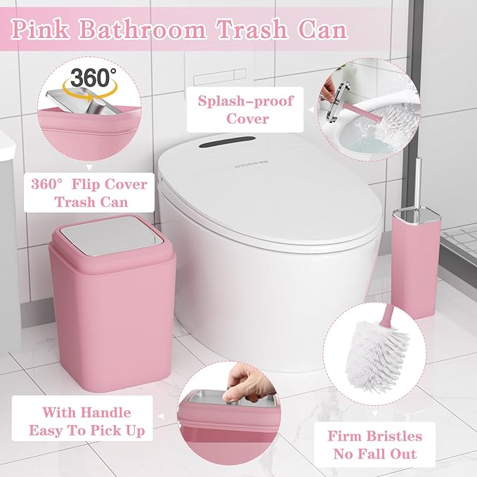Pink Bathroom Accessories Set, 9PCS Pink Bathroom Accessory Sets Complete with Trash Can, Tray,Soap Dispenser,Soap Dish,Toothbrush Holder,Cup,Toilet Brush and Qtip Holders for Housewarming
