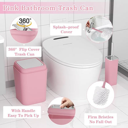 Pink Bathroom Accessories Set, 9PCS Pink Bathroom Accessory Sets Complete with Trash Can, Tray,Soap Dispenser,Soap Dish,Toothbrush Holder,Cup,Toilet Brush and Qtip Holders for Housewarming