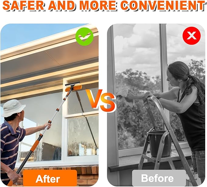 36FT Reach Window Squeegee with Extension Pole, 2-in-1 Professional Window Washing Kit for Home, Indoor Outdoor Squeegee with Rotatable Head for High Windows