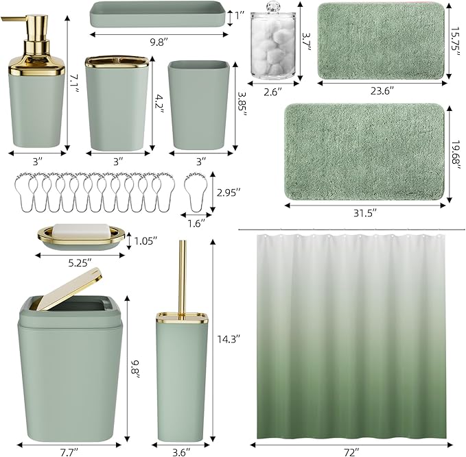 Sage Green Bathroom Set - 24PC Bathroom Sets with Shower Curtain and Rugs, Sage Green Bathroom Accessories Set with Press-on Lid Bathroom Trash Can, Soap Dispenser