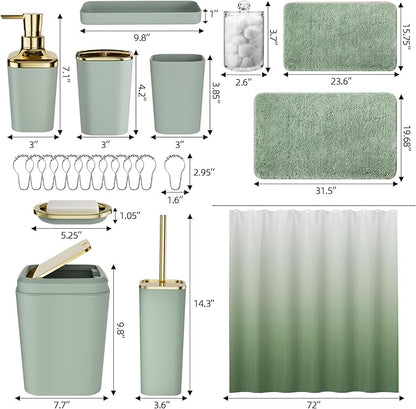 Sage Green Bathroom Set - 24PC Bathroom Sets with Shower Curtain and Rugs, Sage Green Bathroom Accessories Set with Press-on Lid Bathroom Trash Can, Soap Dispenser
