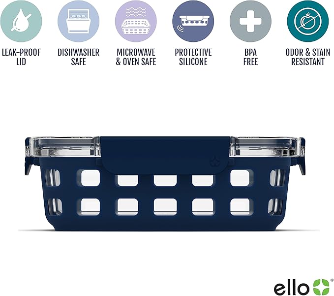 Ello Duraglass 3.4 Cup Meal Prep Sets 10Pc, 5 Pack Set- Glass Food Storage Container with Silicone Sleeve and Airtight BPA-Free Plastic Lids, Dishwasher, Microwave, and Freezer Safe, Evening Orchard