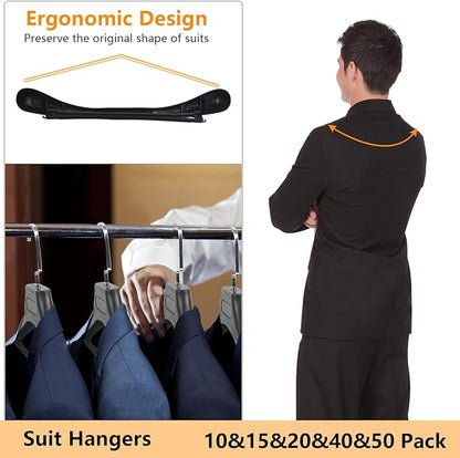 DEDU Suit Hangers for Men 30 Pack Width 17.7", Black Coat Hangers no Shoulder Bump Non Slip for Thick Sweaters, Plastic Extra Wide Shoulder with Pants Bar & Metal Hook