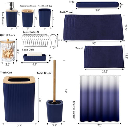 Navy Blue Bathroom Accessories with Bath Towels Ombre Shower Curtain, Blue Bathroom Setwith Trash Can,Toothbrush Holder,Toothbrush Cup,Soap Dispenser,Soap Dish,Toilet Brush and Qtip Holders