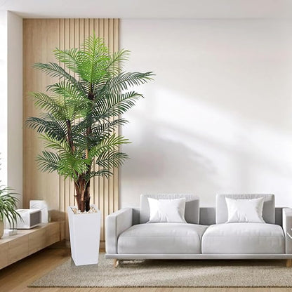 Artificial Palm Tree 7FT, Fake Tree with Realistic Fiber Trunks and White Tall Planter, Faux Tropical Areca Floor Plant in Pot, Artificial Silk Plant for Home Decor Office Decor Indoor
